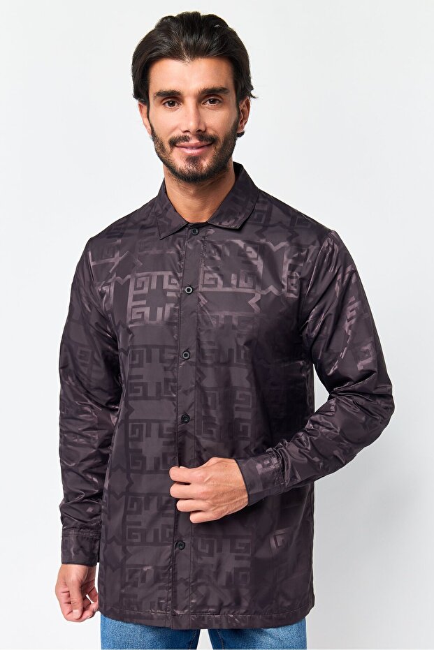 Men Regular Fit Jaquard Pattern Long Sleeve Casual Shirt, Brown