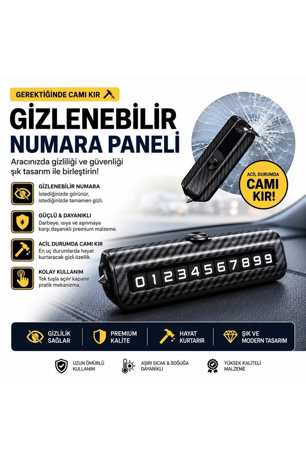 Hidden Vehicle Parking Telephone Number Plate | Glass Breaking Tip | One-Key Open and Close | Temporary Parking Phone Number