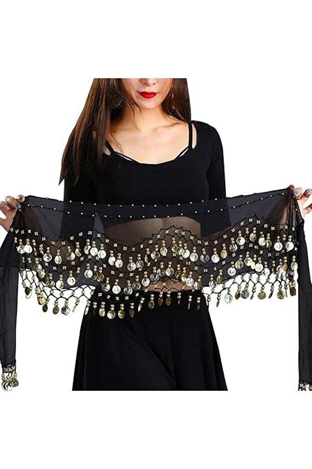 Imported Belly Dance Wrap Belt Skirt Black With Gold Coins Suitable For 8+ Years One Size for Performance Costume(Black)