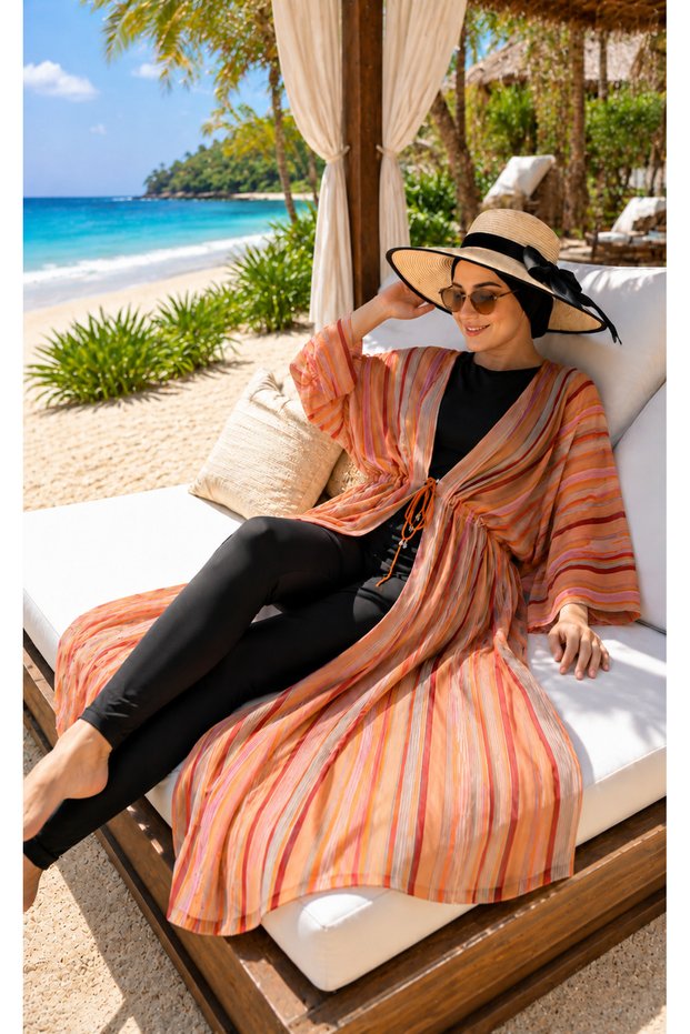 Striped Adjustable Waist Long Pareo Salmon