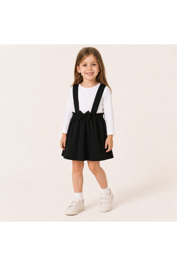 Baby Girl Bowknot Strap Salopet Skirt White Long Sleeve T-Shirt 2-Piece Set