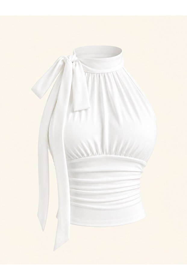 White Halter-Neck Detailed Blouse