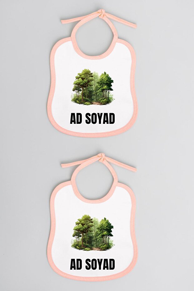Forest Printed 2-Piece Linen Pink Baby Bib - Baby Bib Set, Baby Bib Variations, Baby Bib with Writing