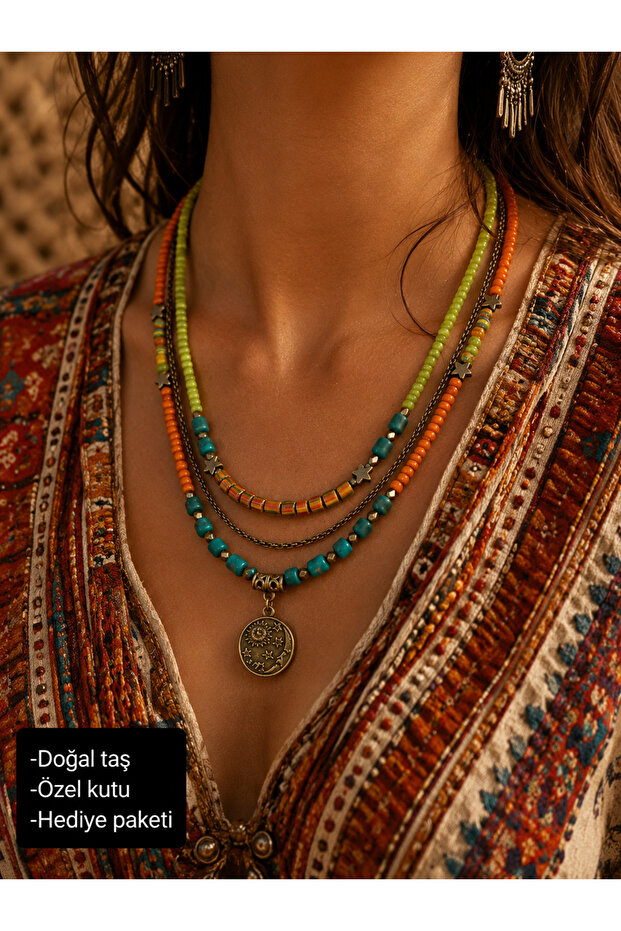 Bohemian Layered Women's Necklace with Natural Stone Sun and Moon Medallion