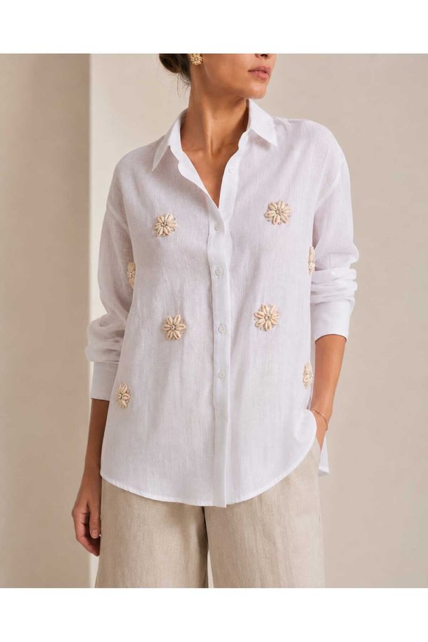 Women's Natural Seashell Stone Embroidered Linen-Look Cotton Shirt