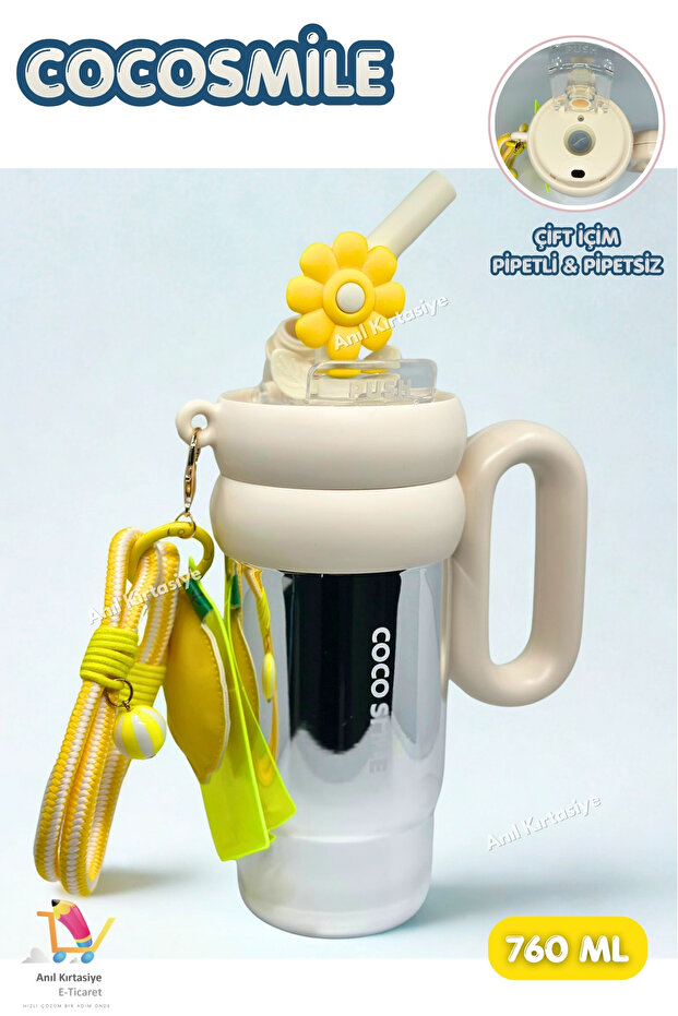 Cocosmile 760ml Dual-Use Drinking Bottle with Straw / Comfortable Drinking Steel Thermos with Charm Gift