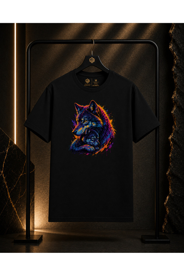 Unisex Baby and Mother Wolf Printed 100% Cotton Oversize Crew Neck Short Sleeve T-Shirt Black