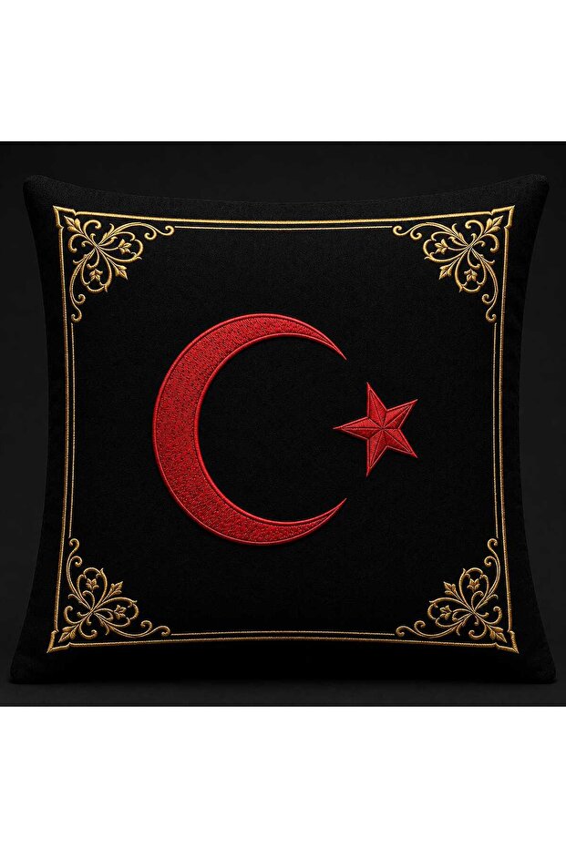 Turkish Flag Embroidered Decorative Throw Pillow – Black Luxury Moon Media Pillow
