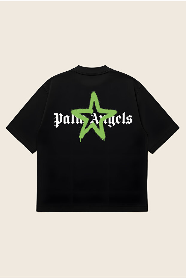 Palm Angels Green Star Edition Printed Oversize Boxy Cut Unisex 100% Cotton Tshirt |   Streetwear