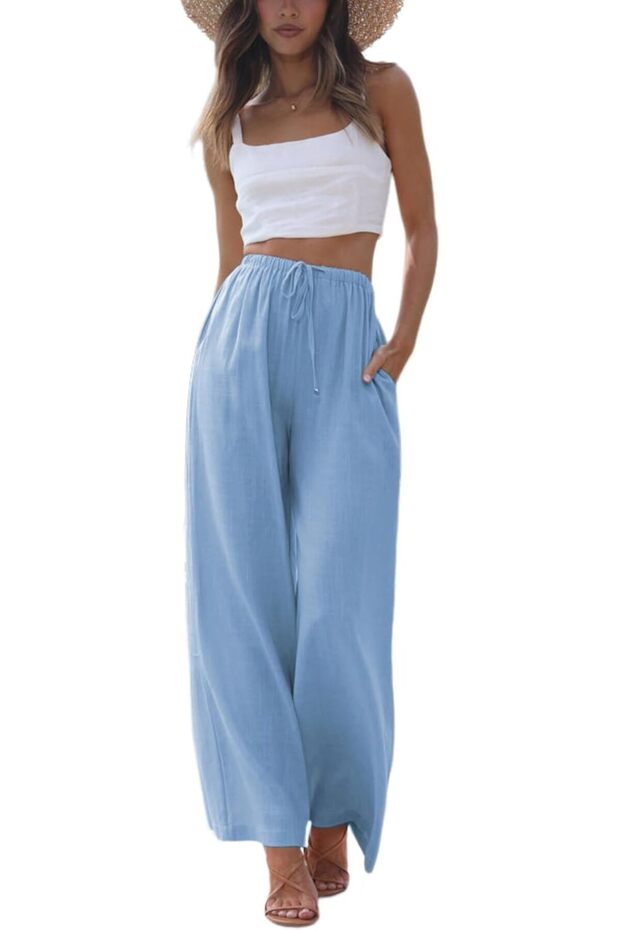 Faleave Women's Summer Cotton-Linen Palazzo Beach Pants with Pockets
