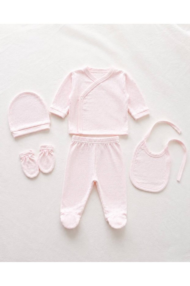 100% Cotton Openwork Baby Girl 5-Piece Hospital Discharge Set with Newborn Booties 0-3 Months Baby Pink