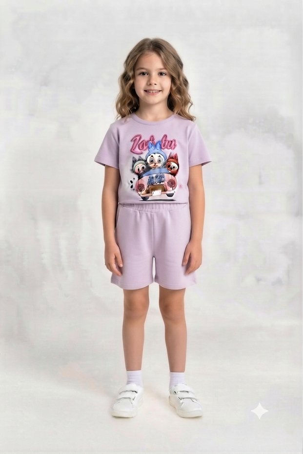Girls' Labubu Printed Crewneck T-Shirt and Shorts Set