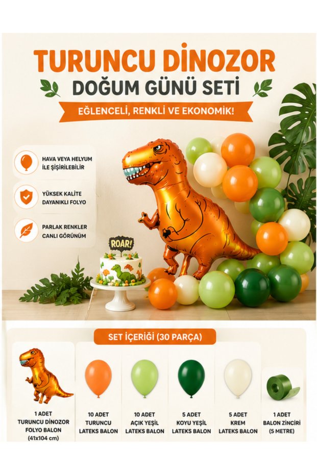 Dinosaur Concept Birthday Balloon Set 32 Pieces | Economical Green - Orange Dinosaur Figured Foil Balloon + Eco Chain Set with 30 Balloons (Selected Color)