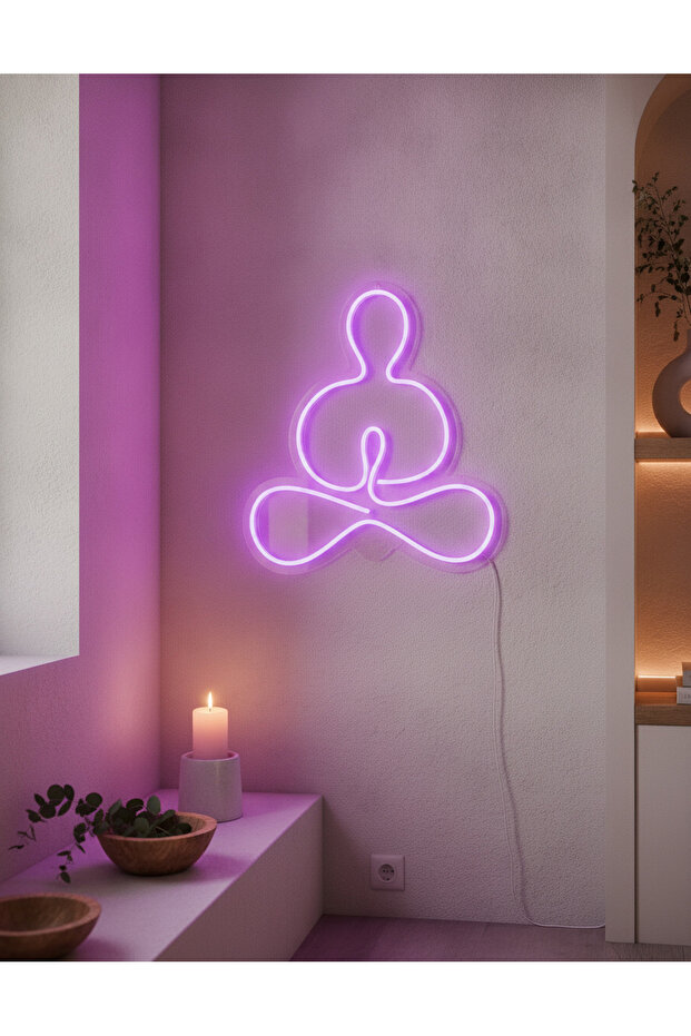 Yoga Meditasyon Figürlü LED Neon Duvar Tablosu | Mor Aydınlatmalı Modern Dekor | Salon - 4