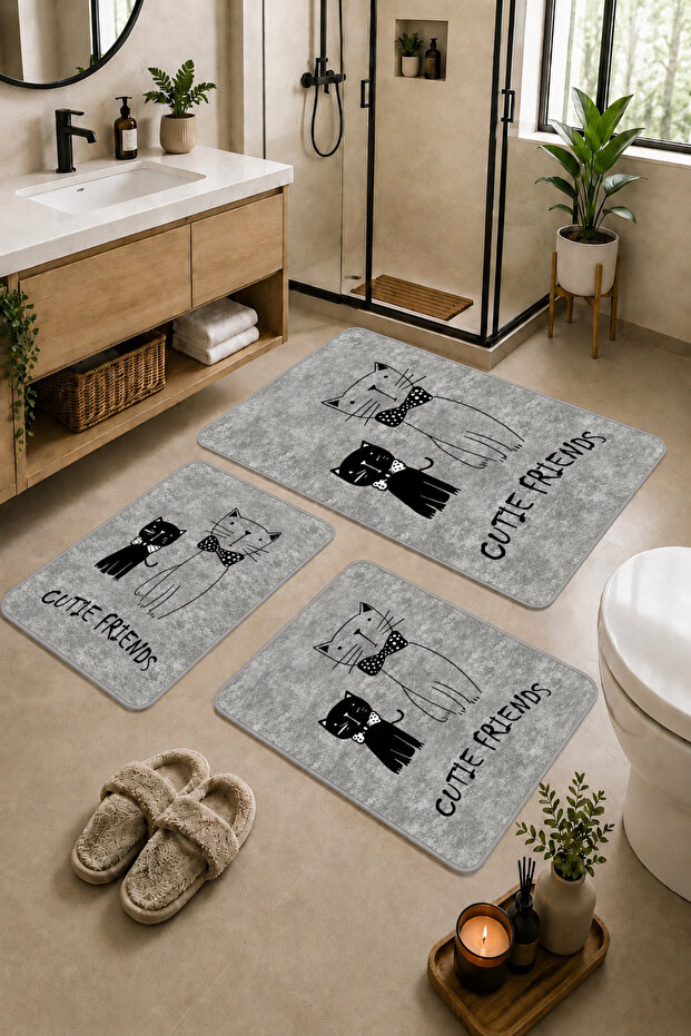 Non-Slip Based Washable 3-Piece Plain Gray Bath Mat and Toilet Set – Cat Pattern Bathroom Rug
