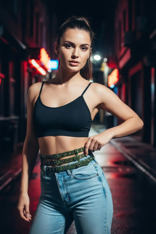 Green Women's Belt with Double Row Metal Rings