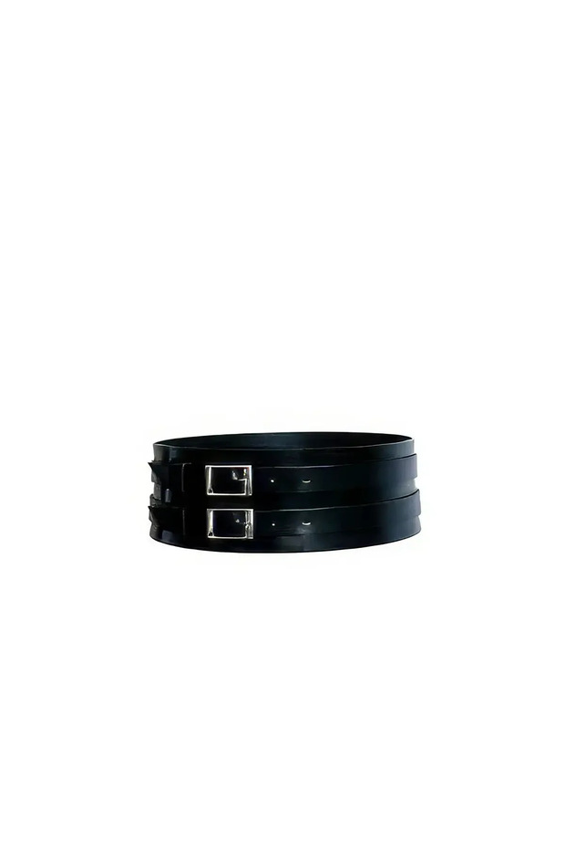 Black Wide Corset Belt with Double Silver Buckle Vegan Leather