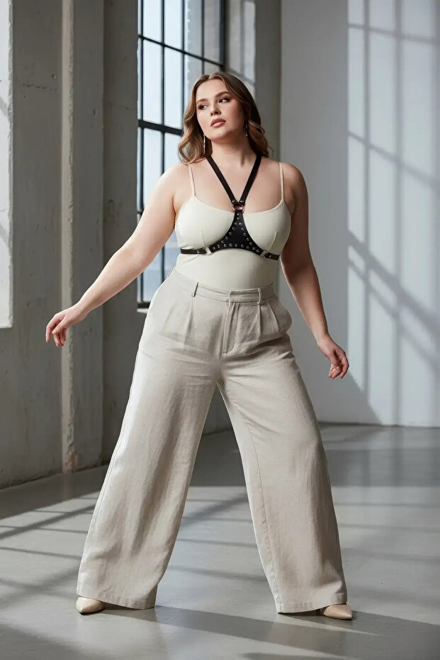 Plus Size Black Women's Belt Ring Detailed Leather Body Accessory