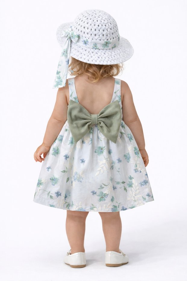 Baby Girl Floral Patterned Dress Hat Summer Dress Back Bow Detail Cotton 2 Piece Set
