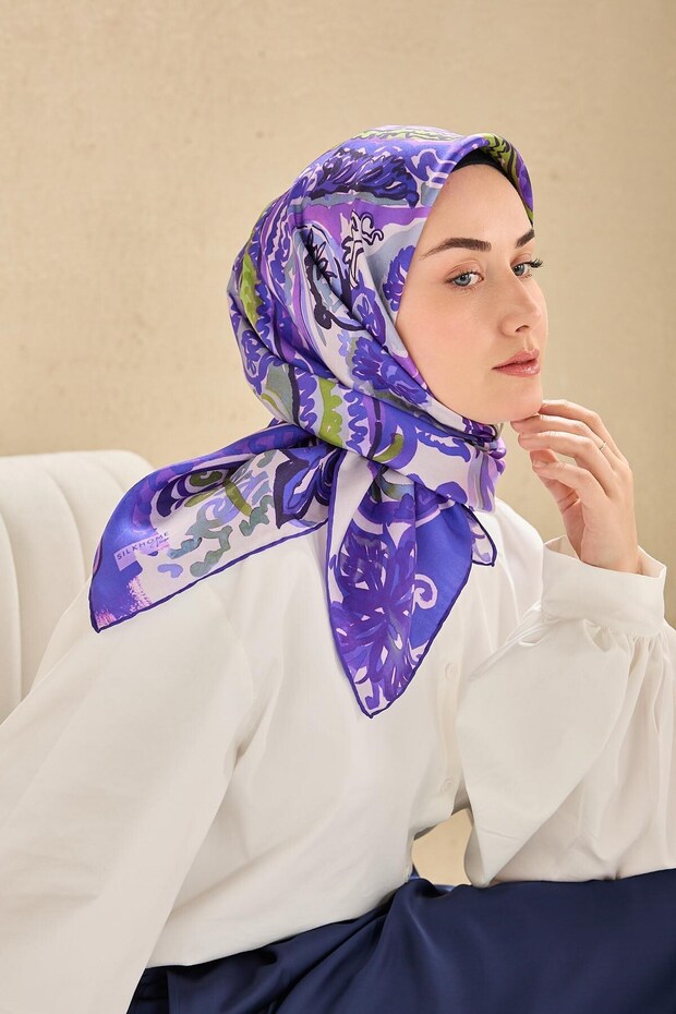 Twill Silk Scarf Art Pattern Vibrant Purple 90X90