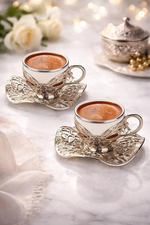 Damat Cup Turkish Coffee Presentation Set 2-Piece Metal Coffee Cup Set Coffee Cup Porcelain