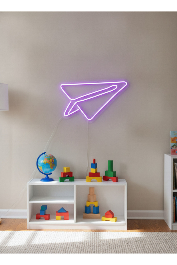 Kağıt Uçak Figürlü LED Neon Duvar Tablosu | Mor Aydınlatmalı Modern Dekor | Genç Odası - 3