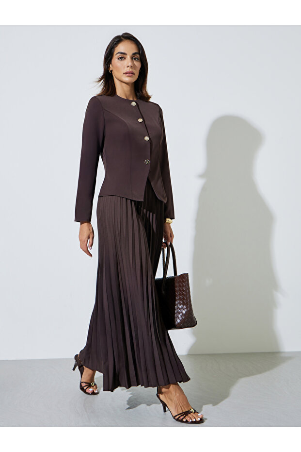 Brown Pleated Flared Maxi Skirt