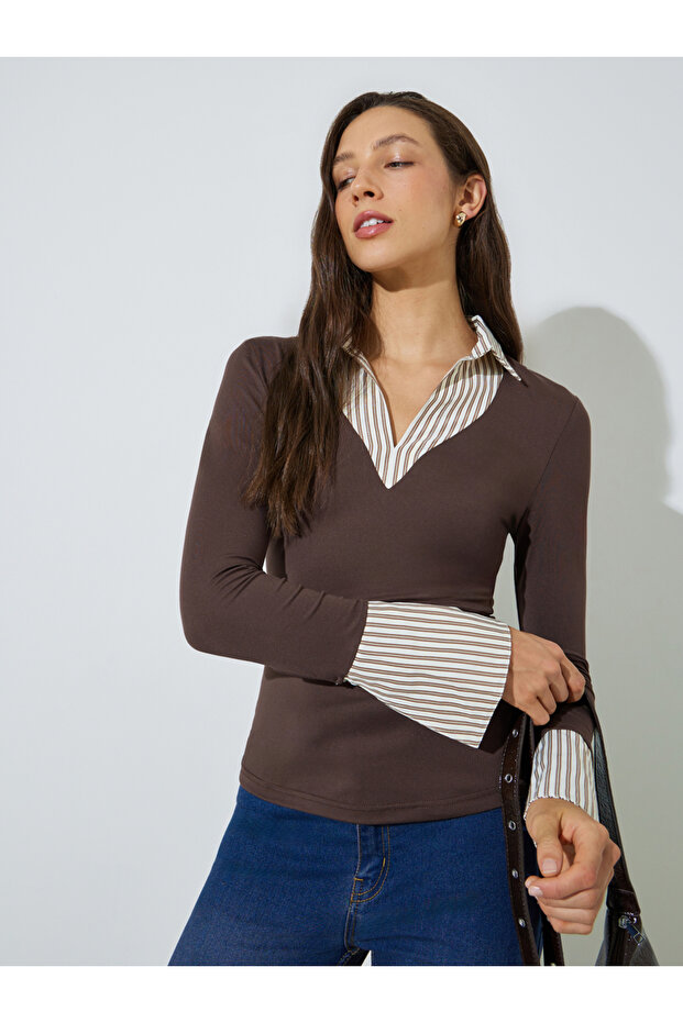 Brown Layered Collar Long Sleeve Top