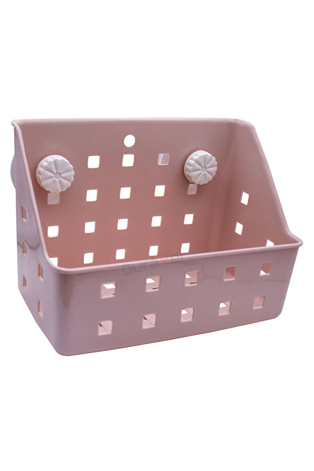 Wall Mounted Storage Basket, Pink, Perforated Design with Suction Cups, Bathroom Organizer