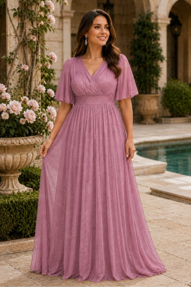 Women's Short Sleeve Tulle Sleeve Double Breasted Collar Lycra Stretchy Glitter Lined Stylish Comfortable Long Powder Evening Dress