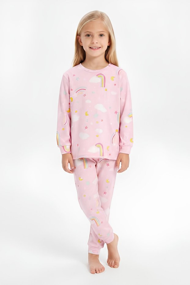 100% Cotton and Printed Girls' Pajama Set 3-8 Years 12740Is