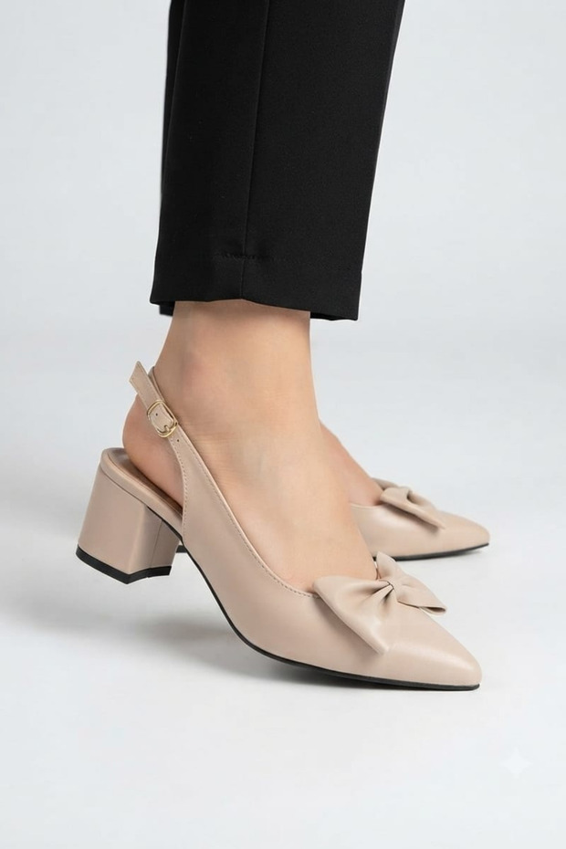 Elvis Women's Bow Tie Beige Open Back Pointed Toe 5 cm Classic Heeled Shoes Mhr5216