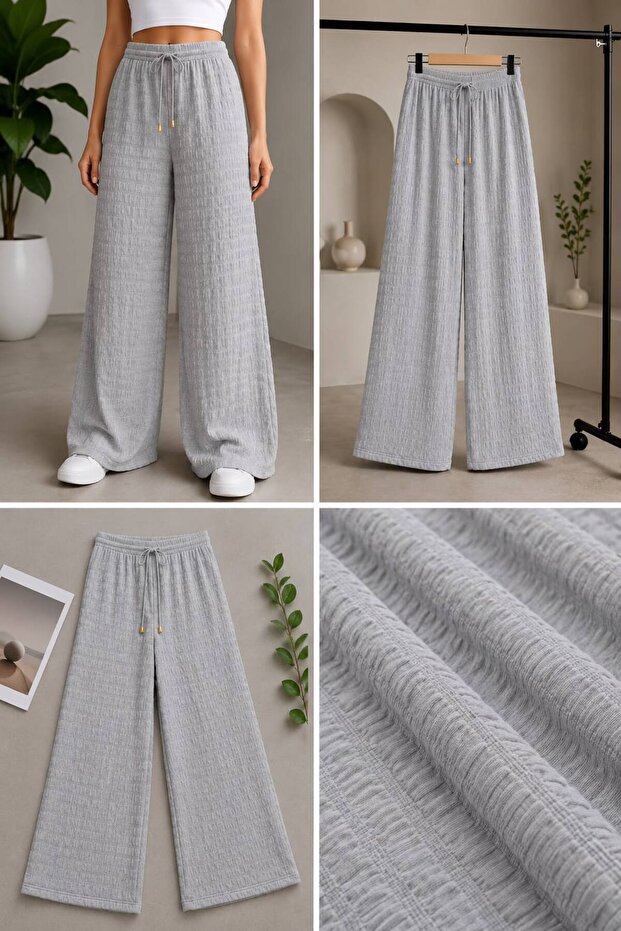 Embossed Textured Wide-Leg Women's Trousers with Elastic Waist