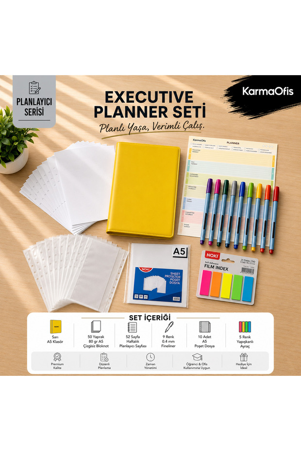 A5 4-Ring Yellow Planner Folder Set |   50 Sheets of Notepads, 52 Sheets of Weekly Planner, 9 Colors of Fineliner, 10 A5 Pocket Files, and 5 Colors of Sticky Tabs
