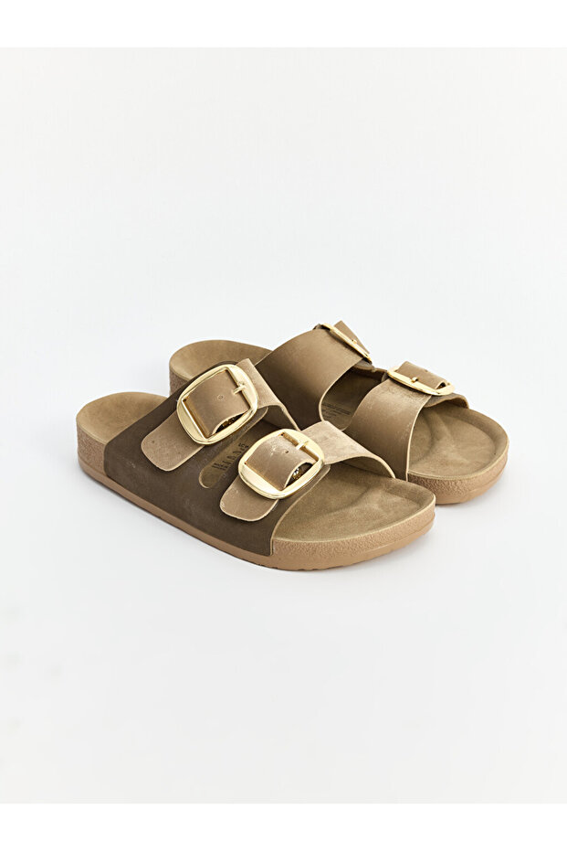 Vizyon New Season Brown Double-Strapped Adjustable Buckle Women's Slippers