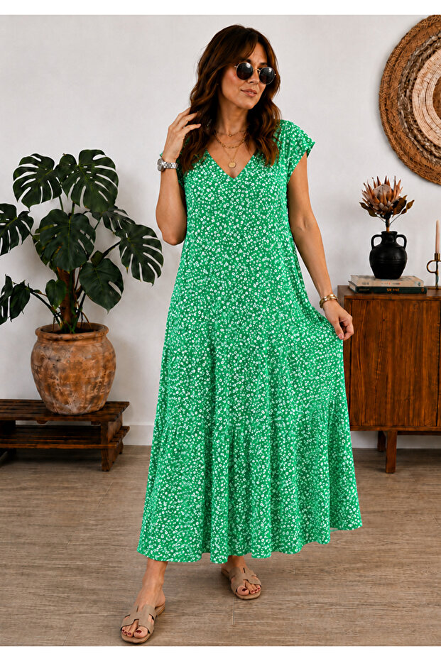 Patterned Viscose Fabric Relaxed Fit Bohemian Style Dress
