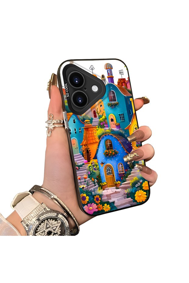 iPhone 17 Compatible Silicone Edge Hard Back Case Couple Phone Case with Landscape Pattern