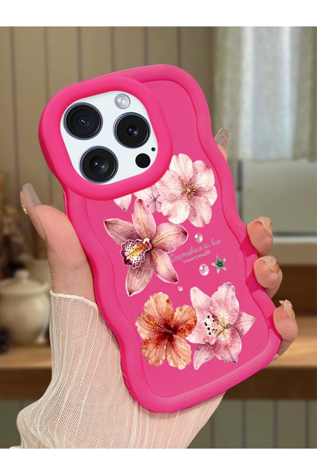iPhone 16 Pro Compatible Case with Camera Protection Red Silicone Couple Phone Case with Floral Pattern