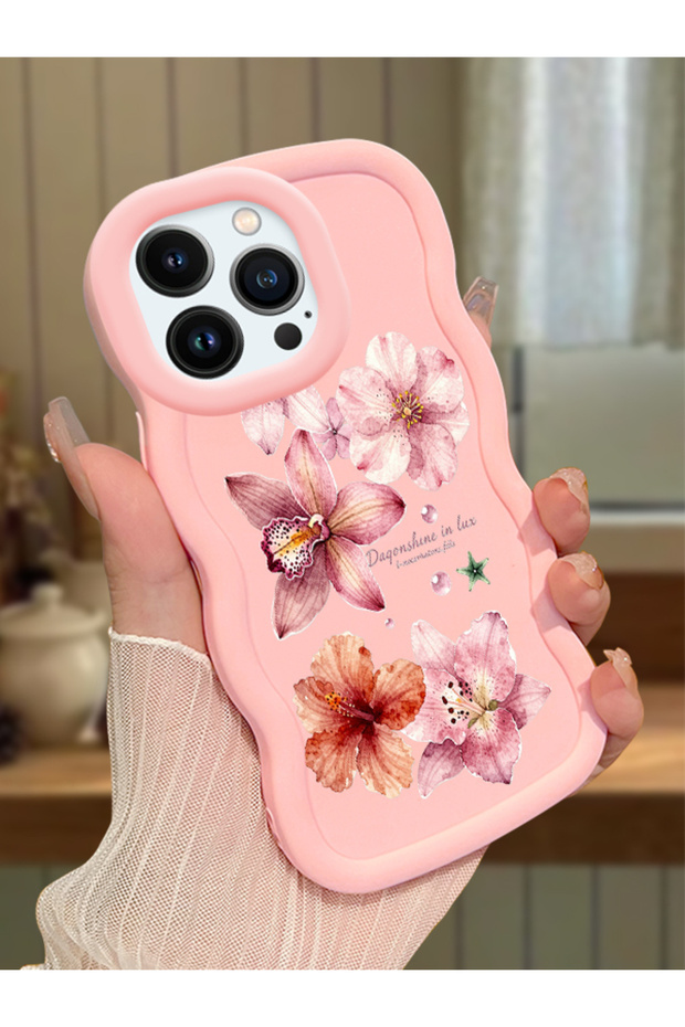 iPhone 13 Pro Max Compatible Case Camera Protector Pink Silicone Couple Phone Case Floral Pattern