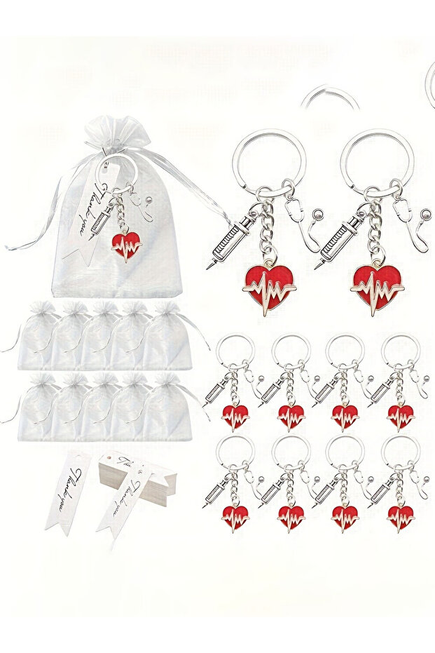 10Sets 10Sets White Gauze Heartbeat Stethoscope Keychain Set, 10 Keychains +10 Gauze Bags +10 Cards,
