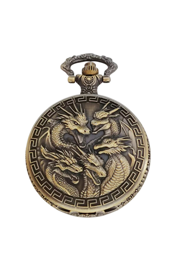 bronze Vintage Steampunk Handsome Dragon Group Carved Quartz Pocket Watch Necklace Pendant Clock Cha