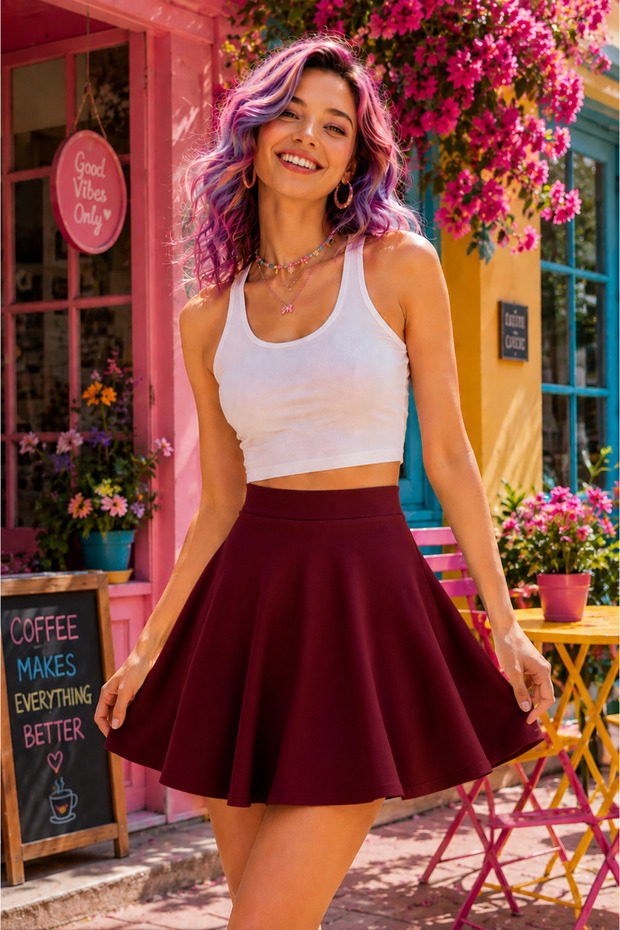 Burgundy Women's Diver Fabric Flared Mini Skirt