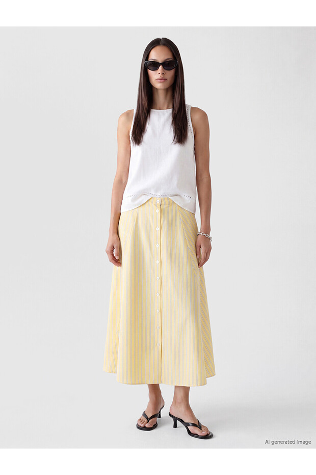 Lcwaikiki Classic Yellow Buckle Detailed Striped A-Line Skirt