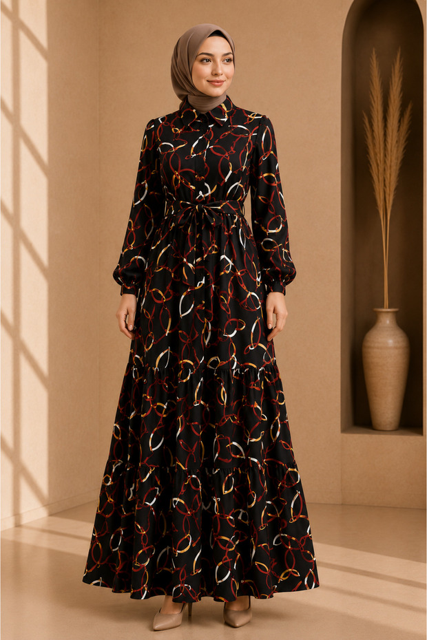 Moda Başak Premium Woven Fabric Straight-Cut Dress with Dominant Collar