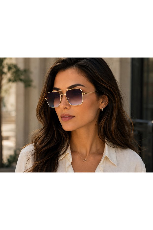 Women Gold Metal Frame Square Sunglasses Pink Blue Gradient Glass Uv400
