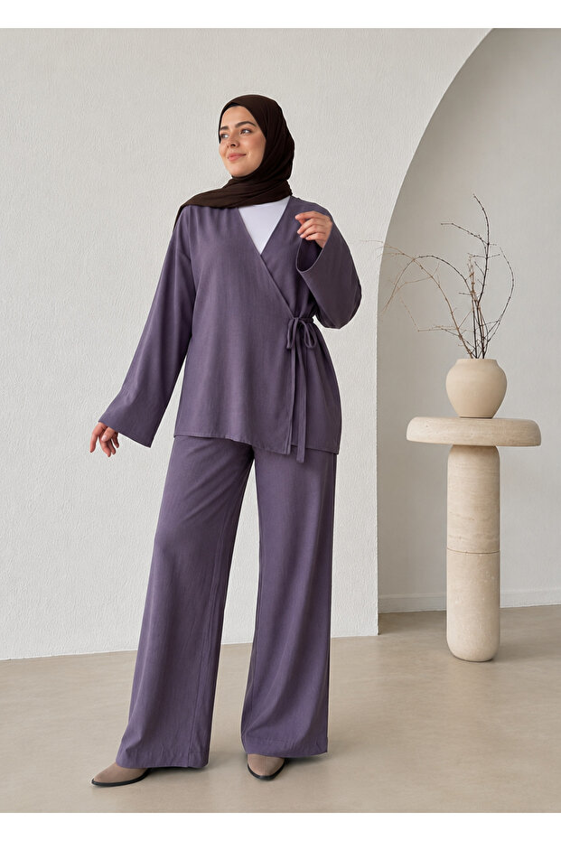Anthracite Double-Breasted 100% Cotton Kimono Trousers Set - 2Y003
