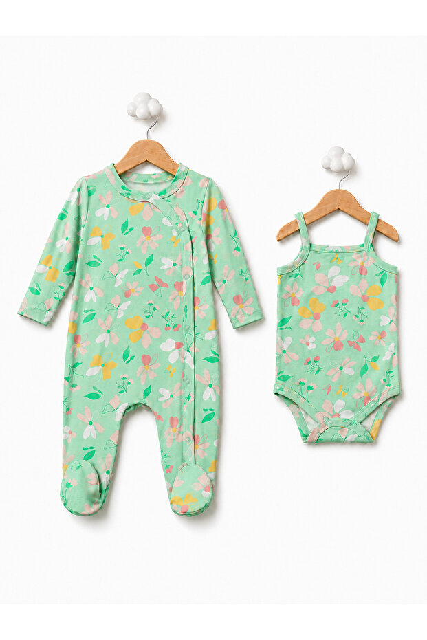 Baby Girl Floral Patterned Jumpsuit with Booties and Strap-Strapped Bodysuit 2-Piece Set