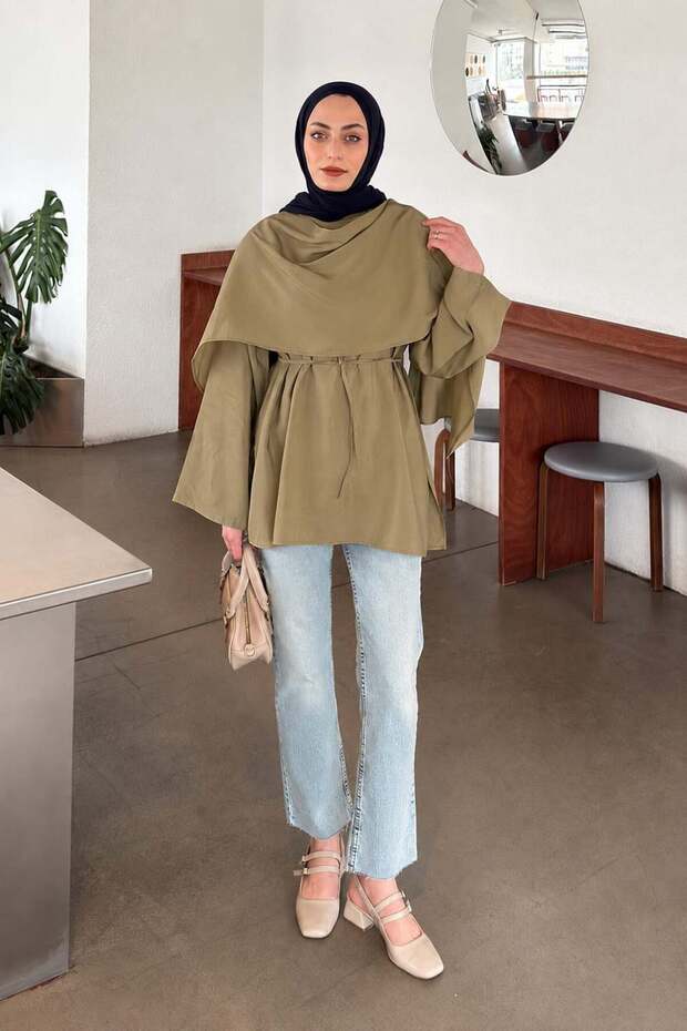 Tunic with Shawl Tie Detail in Olive Green