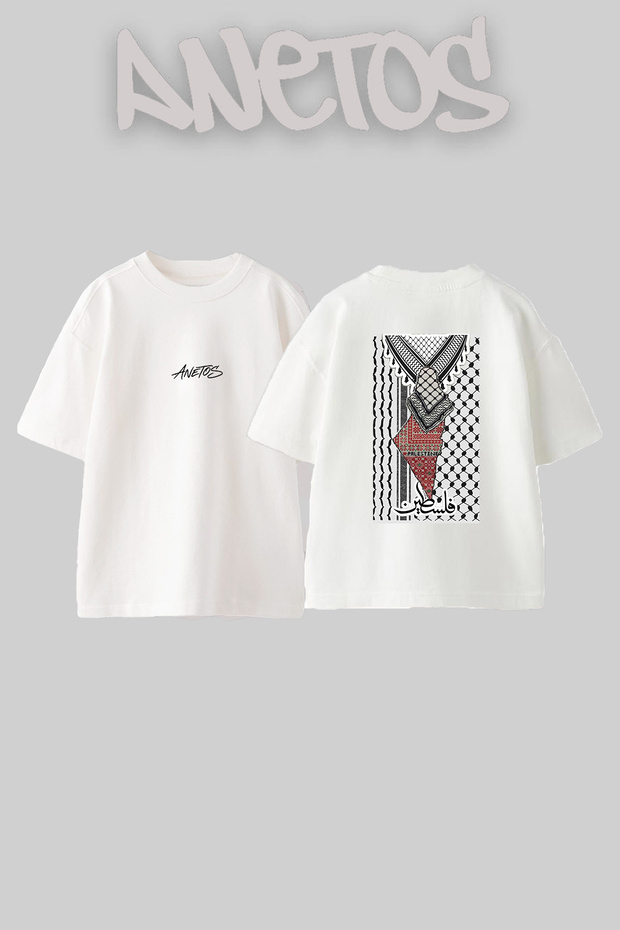 Palestine Keffiyeh Design Back Printed Cotton White Oversize T-Shirt