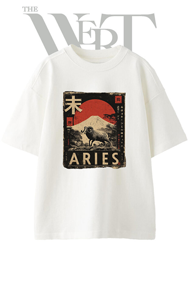 تي شيرت أبيض كبير الحجم مطبوع بتصميم Aries Ram للجنسين